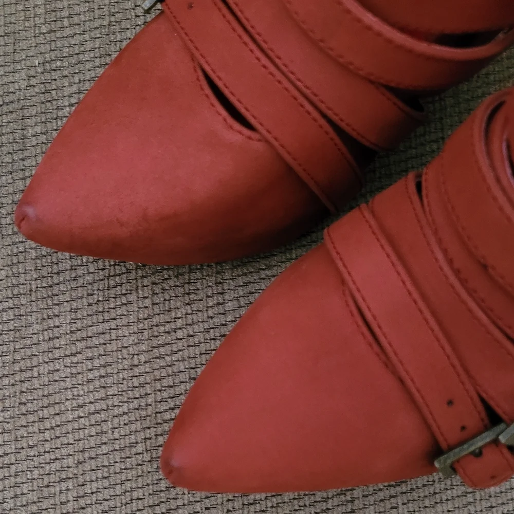 JEFFREY CAMPBELL ZIP 2 BRICK RED SUEDE PLATFORM WEDGES